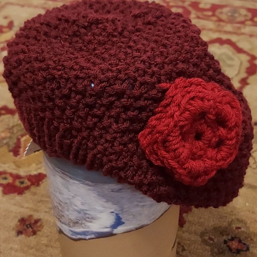 Slouchy Beanie Hat Cap Burgundy Red with flower hand made Boho style